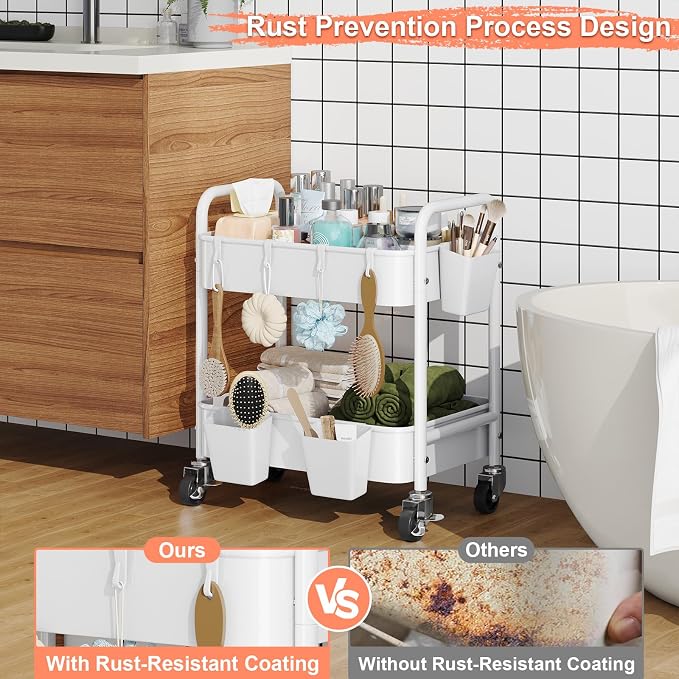 2 Tier Small Rolling Cart Metal with Wheels, White Under Desk Storage Cart on Wheels, Short Utility Roller Caddy Carts Organizer for Art,Craft,Pantry,Bathroom, Two Tiered Shelf Trolley, 22 Inches Tall