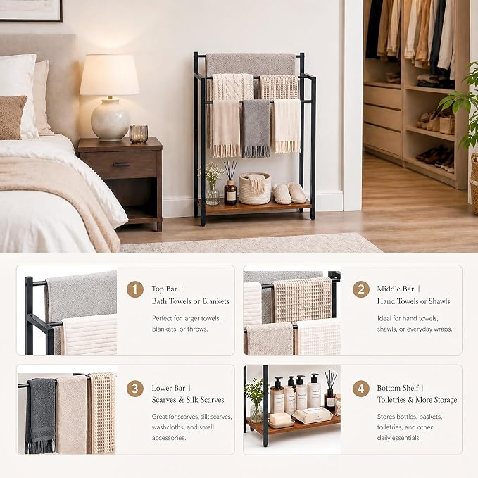 24.8" W Freestanding Towel Rack, 3 Tier Blanket Ladder Stand with Rustic Brown Wooden Shelf for Bathroom Living Room