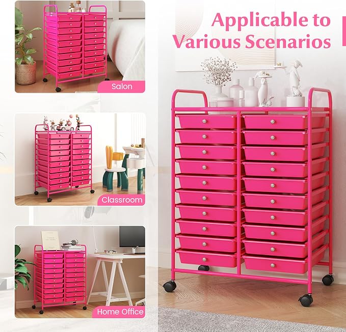 COSTWAY 20-Drawer Rolling Storage Cart, Utility Storage Organizer Cart for Tools, Scrapbook, Paper, Craft, Multipurpose Storage Trolley on Wheels for Home Office School, Hot Pink