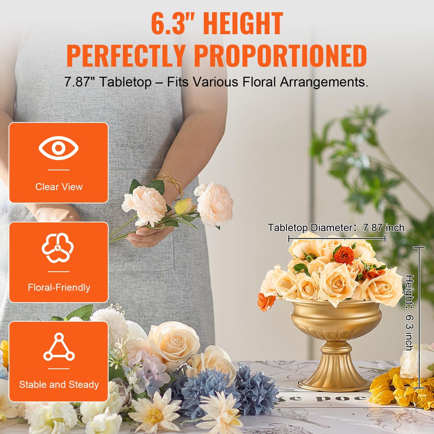 VEVOR 10PCS 16cm/6.3” Tall Wedding Flower Vase, Metal Wedding Centerpiece, Gold Floral Arrangement Stand Display Rack for Tables Wedding Dinner Party, Anniversary Ceremony Birthday Event Decor