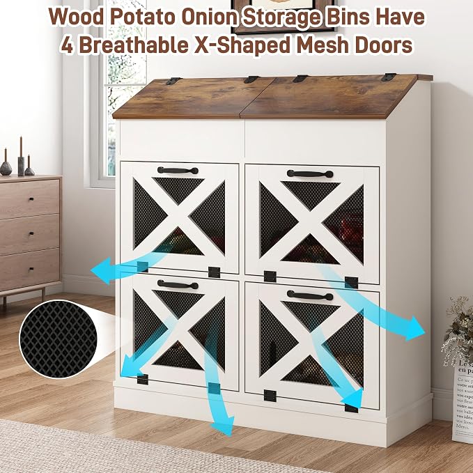 Potato And Onion Storage Bin with Lid,Veggie Bin W/6 Large Storage Box.Root Vegetable Storage Box For Kitchen,Farmhouse Potato Storage Bin W/4 Mesh Doors,Bread Keeper for Toast,Bagel,Donut,Cookies