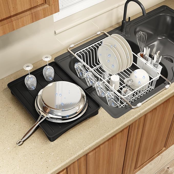 MAJALiS White Dish Drying Rack Over Sink with Utensil Holder, Drainboard | Expandable Stainless Steel Dish Drainer for Small Kitchen, Apartment, RV, Counter Space Saving, Perfect Fit, Rustproof