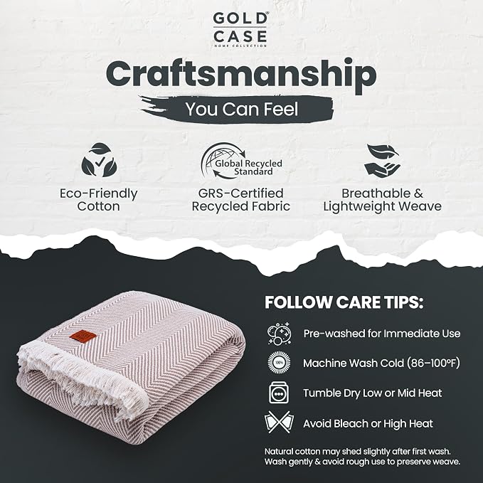 Gold Case Throw Blanket for Bed - 100% Recycled Turkish Cotton Blanket - Elegant Lightweight Soft Throw Blankets for Bed & Living Room - Queen Size Cozy Blankets - 90x90 - Beige