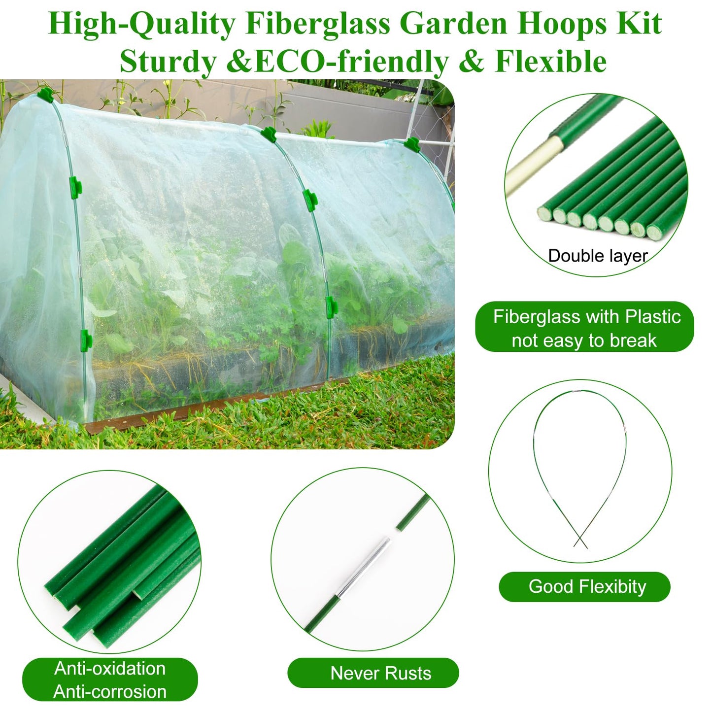 WYRJXYB 60Pcs Greenhouse Hoops Grow Tunnel Wide, 8FT Rust-Free Fiberglass Support Garden Hoops Kit for Raised Beds Plant Cloth Row Cover Netting-DIY Plant Support Garden Hoop for Netting-40Pcs Clips