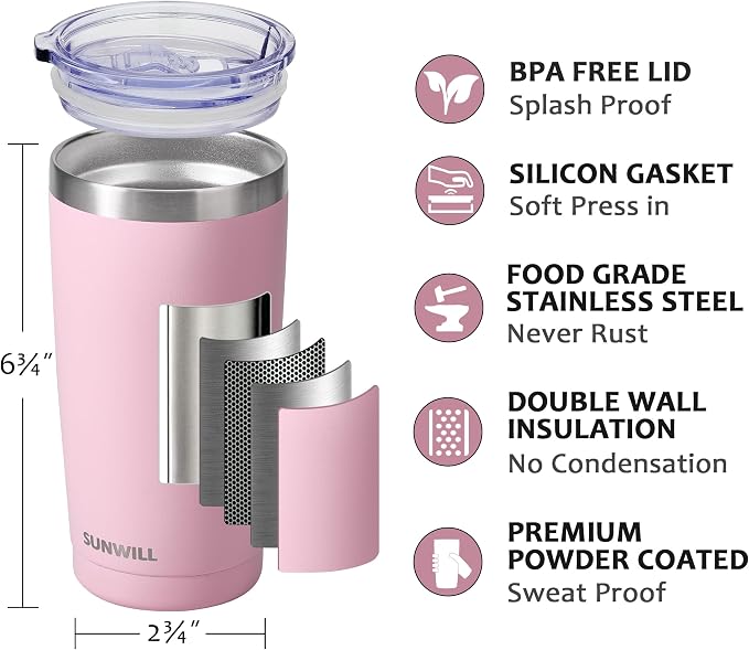 SUNWILL Travel Coffee Tumbler 20 oz, Insulated Mug with Lid, Stainless Steel Cup for Hot and Cold Drinks, Powder Coated Sakura