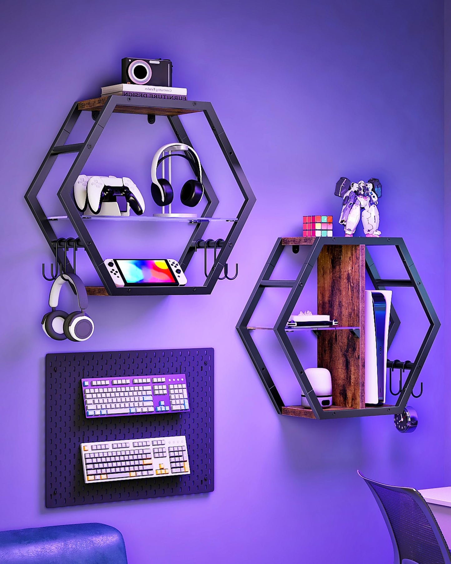 CHOEZON Hexagon Floating Shelves Set of 2, 18.9" Glass Hanging Shelves for Wall Decor, Wall Storage Rack and 12 S-Hooks, for Living Room, Bedroom, Office, Game Center, Rustic Brown TBJ08BF