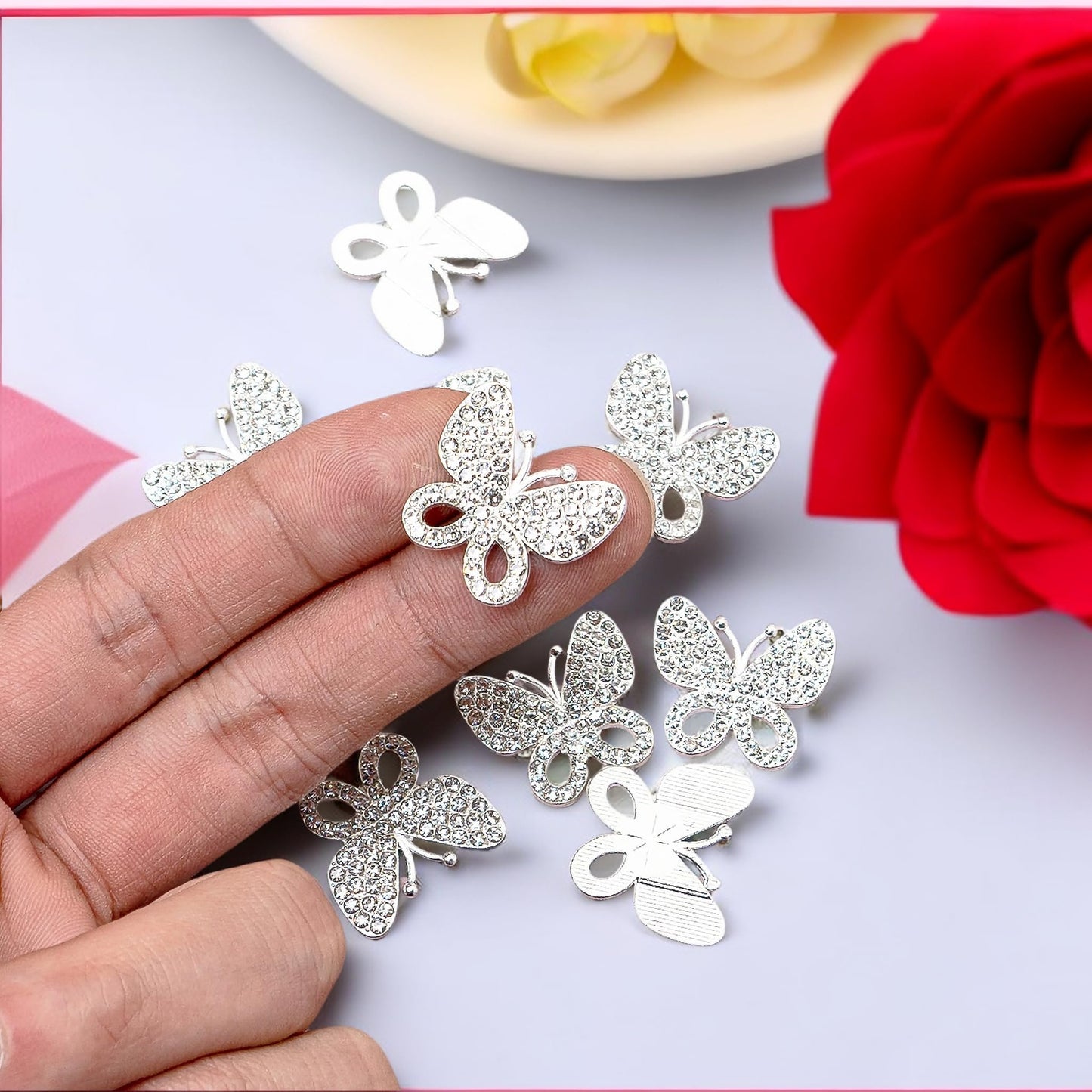 30PCS Alloy Rhinestone Butterfly Embellishment Stickers Handmade Hair Accessories for Sneakers, Clothes, Party Decorations, Gift Box, Dress, Home Decor (Silver)