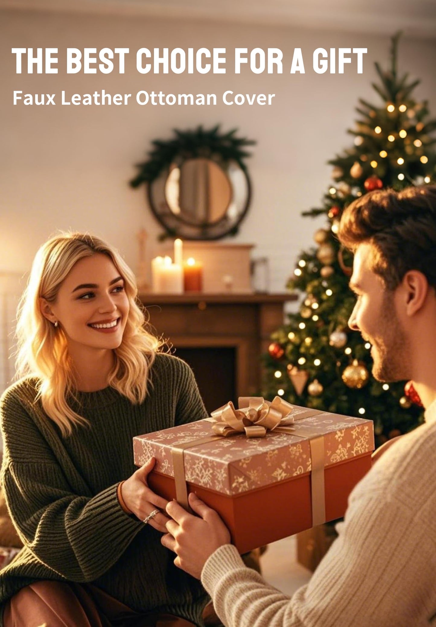 Unstuffed Pouf Ottoman Cover – 17.5in Square Handmade Moroccan Faux PU Leather Ottoman Cover – Tear-Resistant Waterproof Pouf Cover Only, No Filler, for Living Room, Bedroom, Dorm, Office – Brown