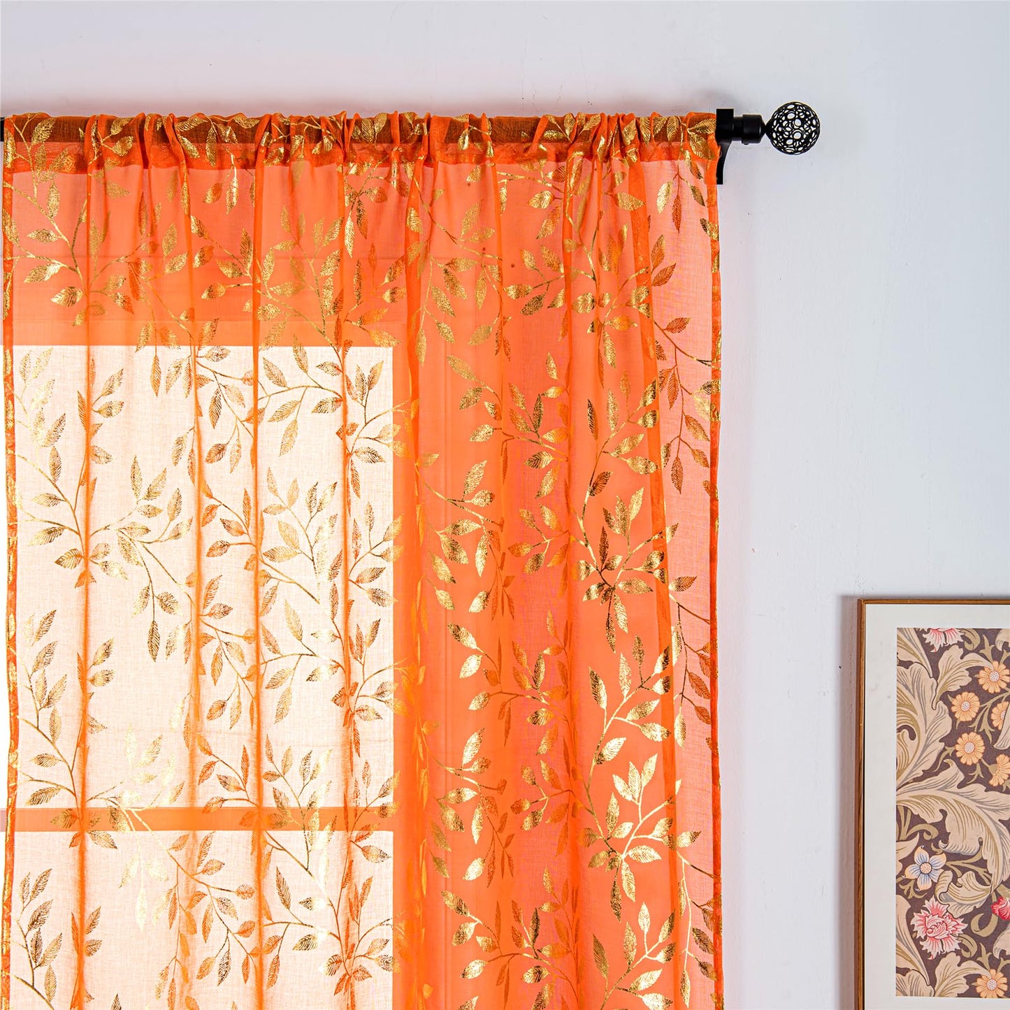 Deeprove Orange Burnt Sheer Curtains 84 inches Long 2 Panels for Bedroom Living Room, Abstract Metallic Gold Foil Vine Leaves Print Window Treatments Pair Set for Fall Halloween Decor, W52 x L84