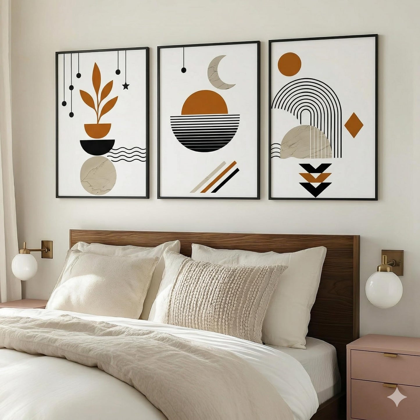 Throwback Traits Boho Abstract Wall Art Set of 3 Framed Prints 20x30, Celestial Moon Botanical Living Room Decor, Terracotta Earth Tones Gallery Wall Set, Ready to Hang
