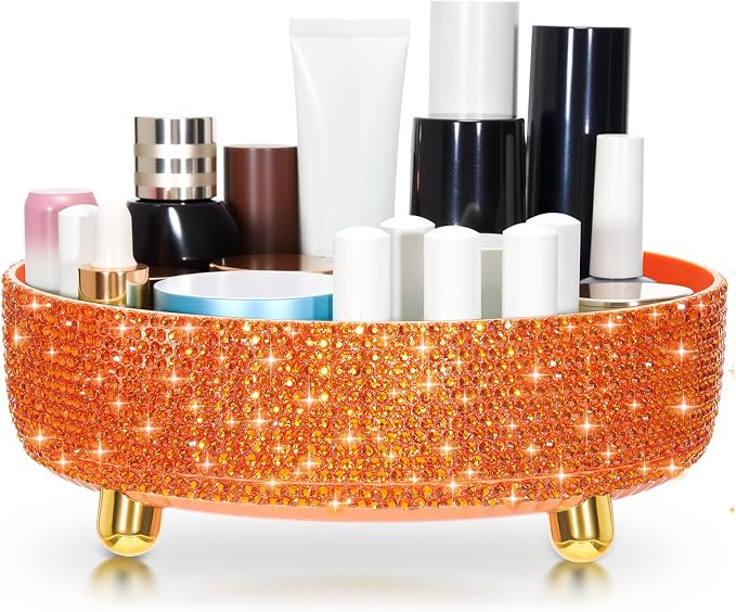 Honeydak Orange Bling Perfume Makeup Organizer Bling Mother's Day Nurses Day Gifts for Women Bathroom Organizers and Storage 360 Rotating Makeup Organizer for Countertop(Resin Stone)