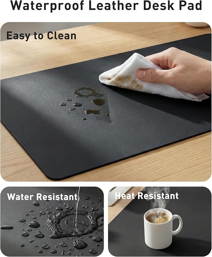 Aothia Faux Leather Desk Mat - Large Mouse Pad, Non-Slip PU Leather Blotter, Waterproof Writing Surface for Office and Home (Black, 42" x 17")