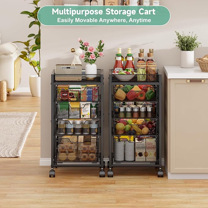 keomaisyto 5-Tier Kitchen Storage Cart with Top Basket & Drawers, Fruit and Vegetable Storage Rack on Wheels, Metal Rolling Cart with Drawers & Kitchen Organization for Snacks, Potatoes, Onions, Cans