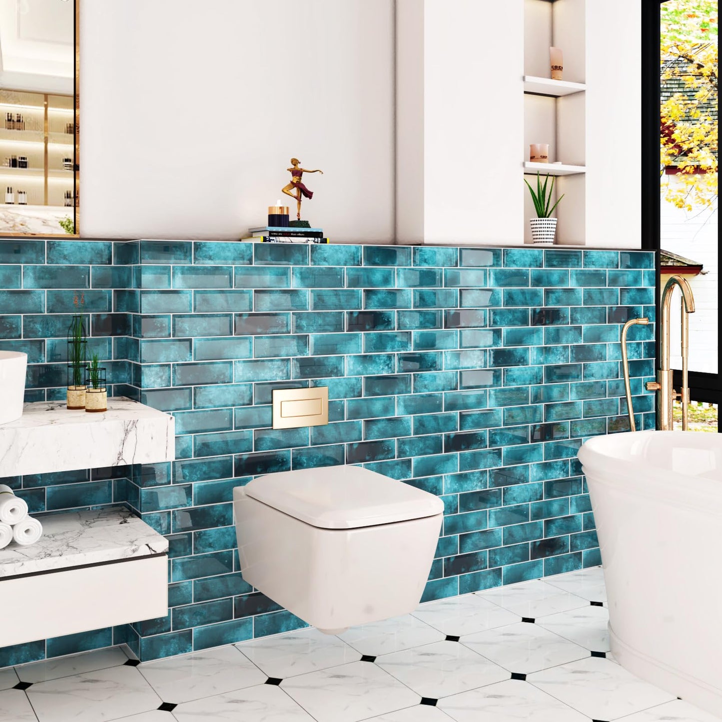 Wallercity Marble Blue Peel and Stick Backsplash Glossy Wall Tile Stickers Vinyl Self Adhesive Stick on Subway Tile Back Splash for Kitchen Bathroom 12''x12'' Waterproof 3D Art Wall Tiles Decor 10PCS