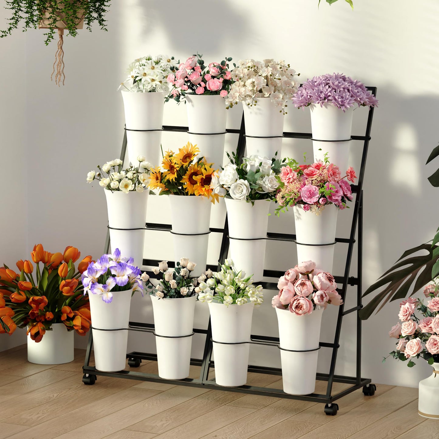 Invech Flower Display Stand with 12 Buckets and Wheels, 3 Tier Flower Cart Display Stand for Indoor Outdoor Garden, Wedding, Flower Shop (Black)