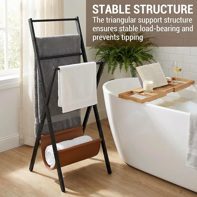 MyGift Blanket Ladder, Freestanding Blanket and Towel Rack with 4 Crossbars and Tan Leatherette Magazine Storage Holder – Modern Metal Floor Living Room or Bathroom Organizer Stand