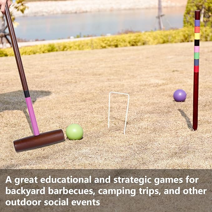 Croquet Set for Adults - 8 Players Croquette Kit with 32In Regulation, 35In Deluxe Size Rubber Wood Mallets, Colored PE Ball, Wickets, 24In End Stakes, Lawn Backyard Game for Families
