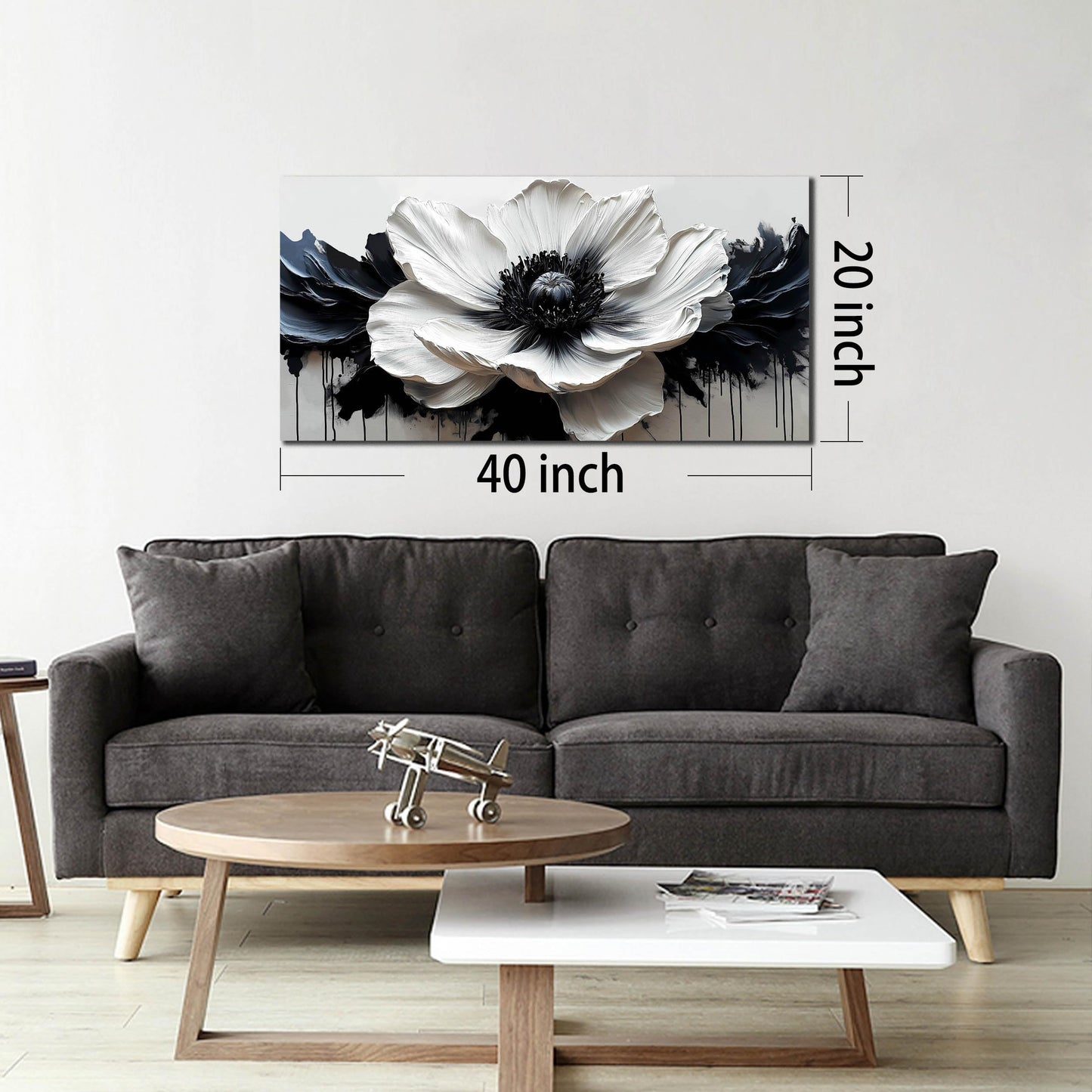 HUBOSKN Flower Canvas Wall Art for Living Room - Black and White Wall Art for Bedroom - Modern Wall Decor for Bedroom Women Size 20" x 40"