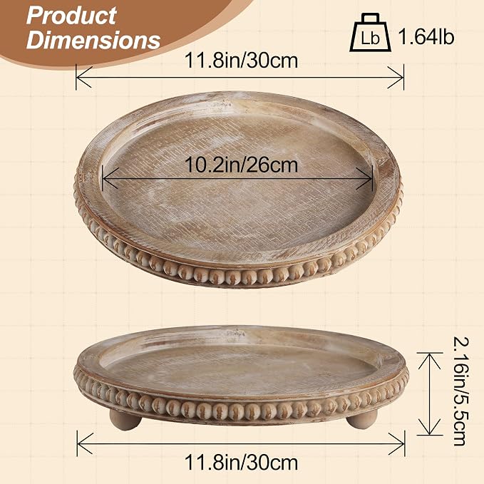 Round Decorative Tray for Coffee Table, Natural Wood Beaded Tray with Detachable Legs, 11.87" Farmhouse Rustic Serving Tray for Living Room, Ottoman, Kitchen Counter, Dining Table Decor