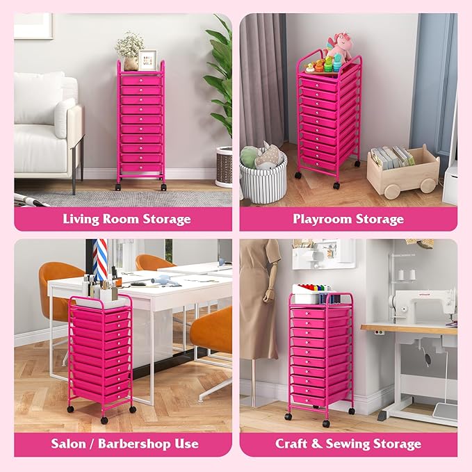 COSTWAY 10-Drawer Rolling Storage Cart, Utility Mobile Trolley with Removable Drawers & Universal Casters & 2 Brakes, Versatile Flexible Drawer Organizer Cart for Home, Office, Hot Pink