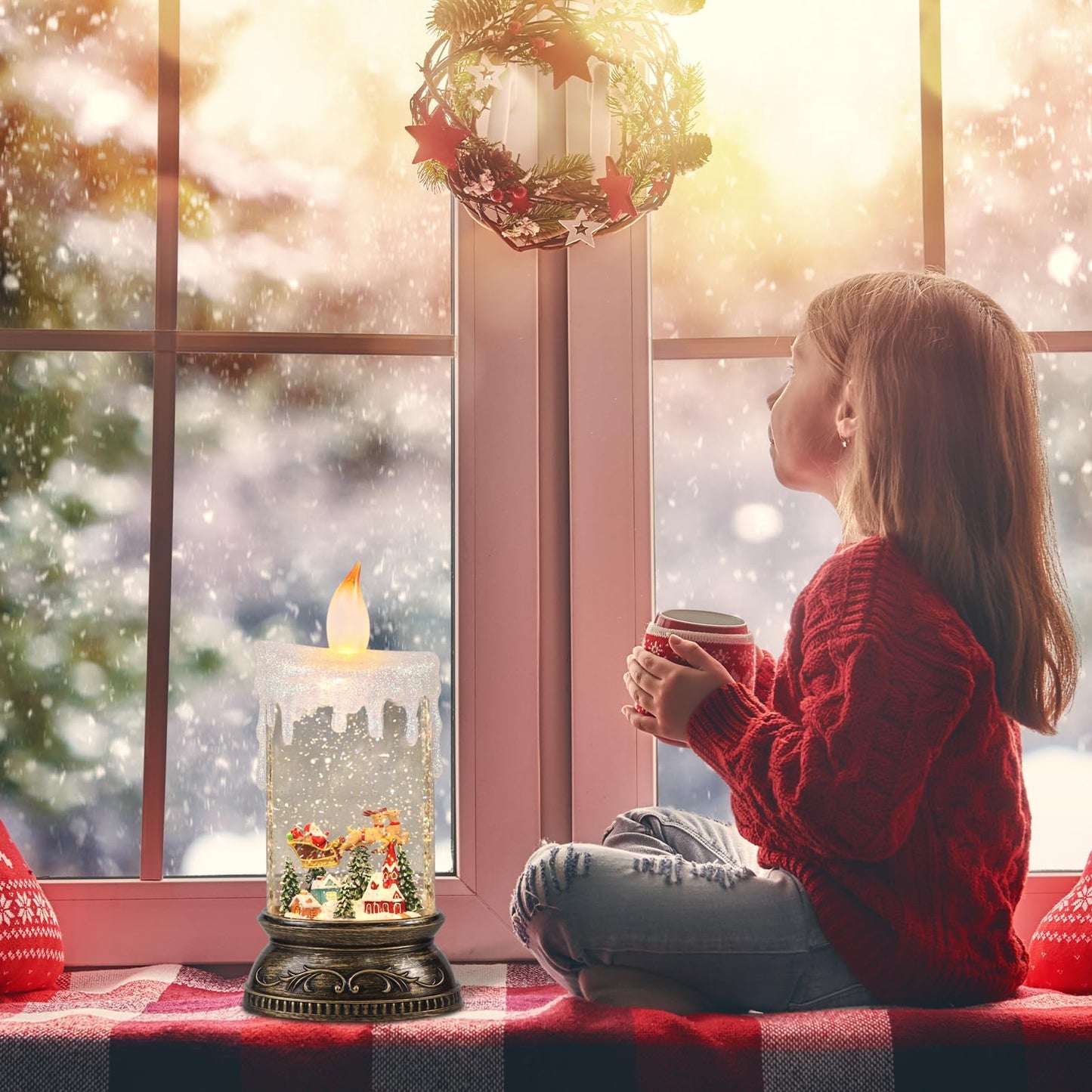 Wondise Rechargeable Musical Santa Claus Snow Globe Lantern with 6H Timer, Battery Operated USB Powered Lighted Singing Snow Globe Lamp Spinning Water Swirling Glitters Holiday Decor