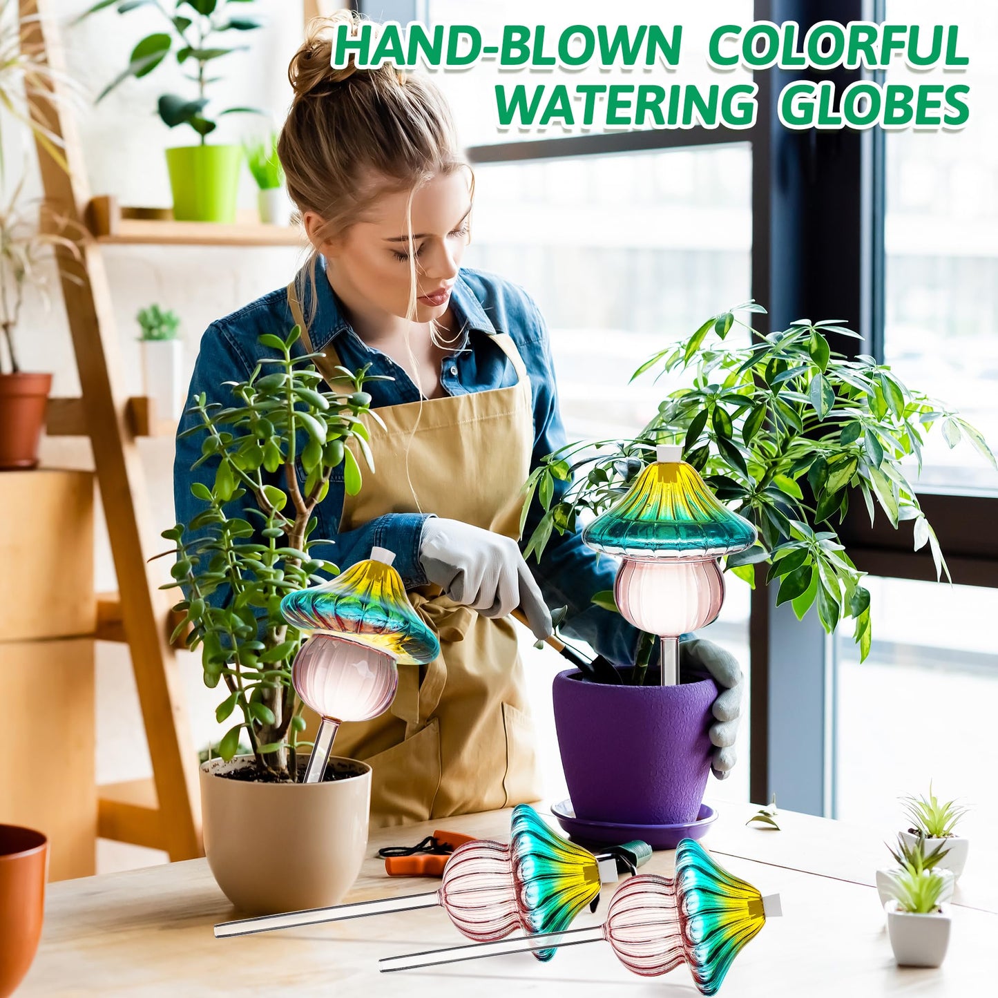 11 oz Large Plant Watering Globes, Mushroom Gradient Color Glass Watering Bulbs, Vacation Plant Watering Devices, Self Watering Globes - Self Watering Planter Insert for Travel (Large 4-Pack)