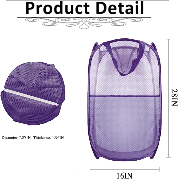Collapsible Pop Up Laundry Hamper, Extra Large Mesh Foldable Laundry Basket, 28" x 16" x 16"(Purple)