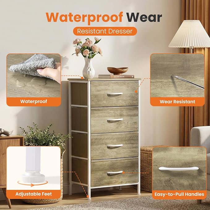 Sweetcrispy 4-Drawer Fabric Dresser Storage Tower Nightstand Chest | Small bedroom dresser and nightstand with sturdy frame,Perfect for closet,entryway,dorm,Easy assembly,Oak Greige