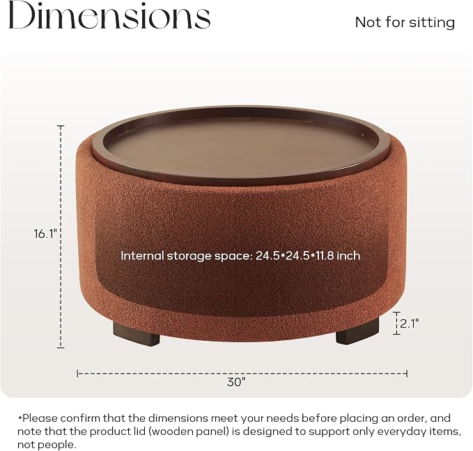 Zihanhome 30 Inch Round Storage Ottoman Coffee Table, Modern Boucle Ottoman with Lift-Off Lid and Solid Wood Legs for Living Room, Bedroom, Corners, Apartments (Orange)