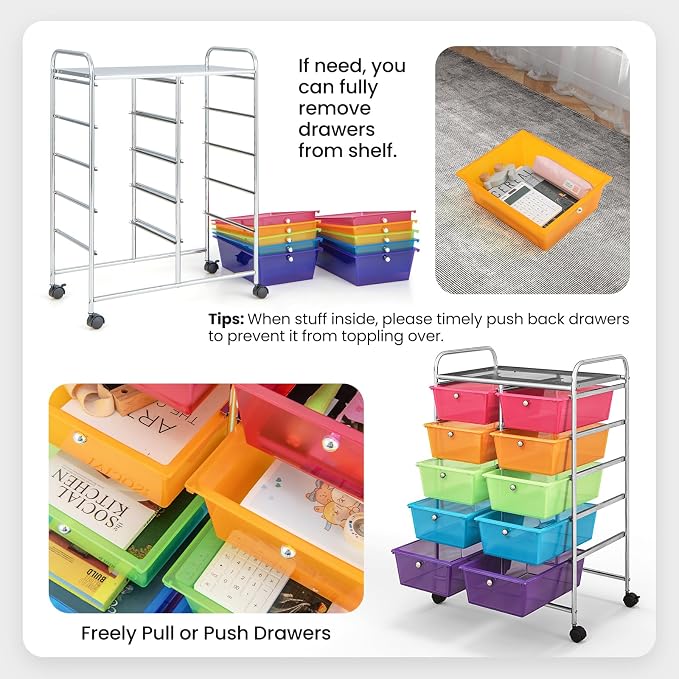 Giantex 10 Drawers Rolling Cart, Classroom Organizers, Storage Cart with Wheels, for Teacher Office Home School Supplies Tool Craft Art Paper