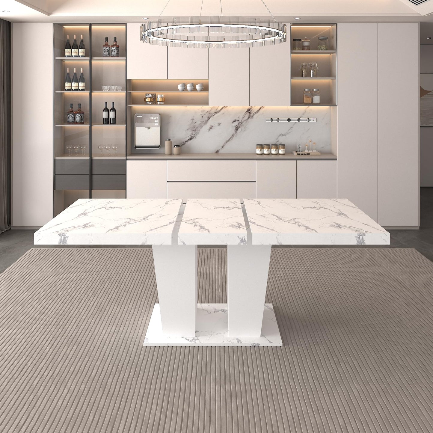 Ball & Cast Expandable Dining Table for 6-10,63-78.74" Kitchen Table W/Heavy Duty Pedestal Base,Rectangular Extendable Dining Room Table for Small Space,White Marble