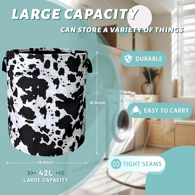 Retro Black White Cows Print Laundry Basket Foldable With Handles CowTote Bag Oxford Cloth Animal Laundry Hamper Clothe Storage Bucket Toy Organizer 18.9"x16.5"For Bathroom/Laundry/Bedroom