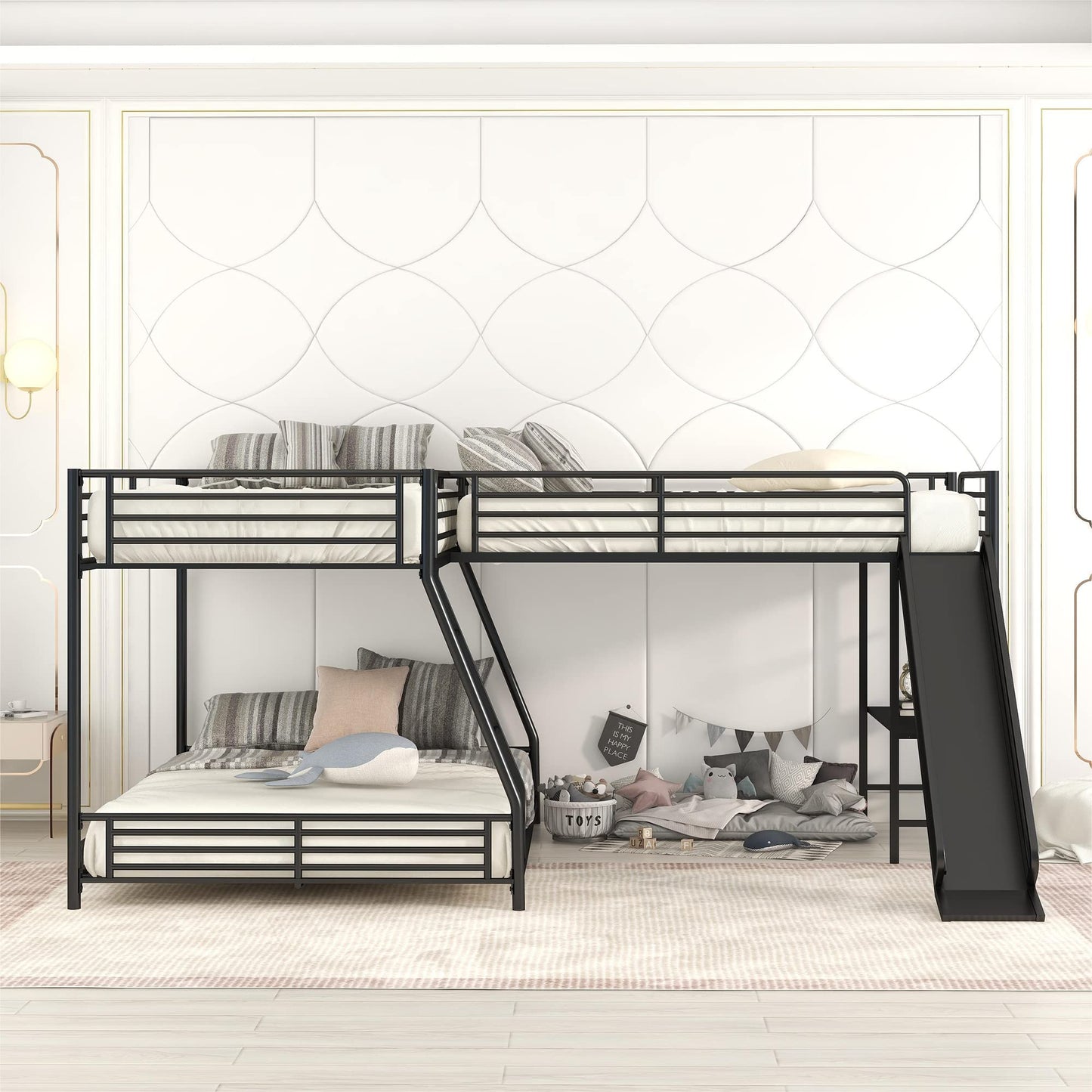 Acosure L-Shaped Twin Over Full Bunk Bed with Twin Size Loft Bed Frame Have Desk/Slide/Integrated Ladder/Full-Length Guardrails/Metal Slats Support/Easy to Assemble,for Adult Boy Girl,Black