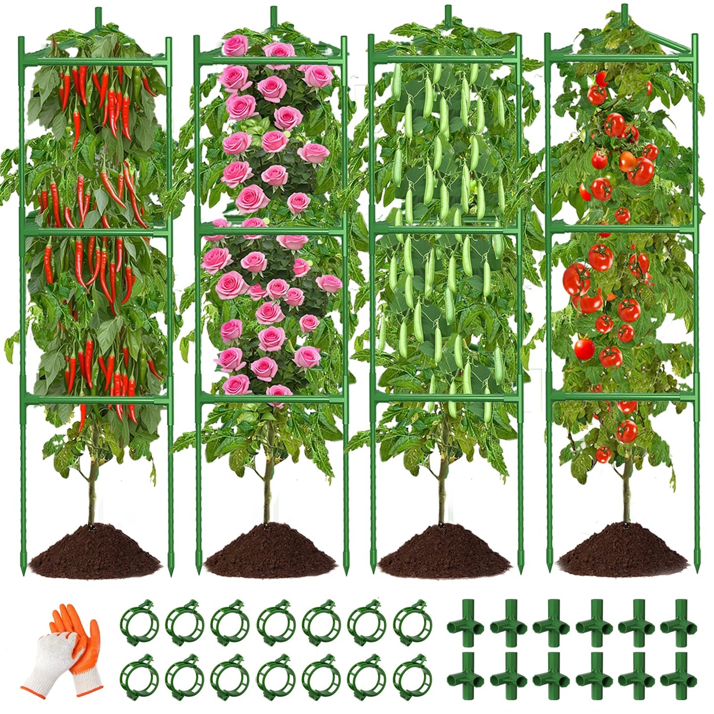 4 Pack Large Tomato Cage for Garden Up to 49" H X 16" W Metal Plant Support Stakes with Clips Triangle Pea Cages Cucumber Trellis for Vegetables Pots Vines Flowers Climbing Plants
