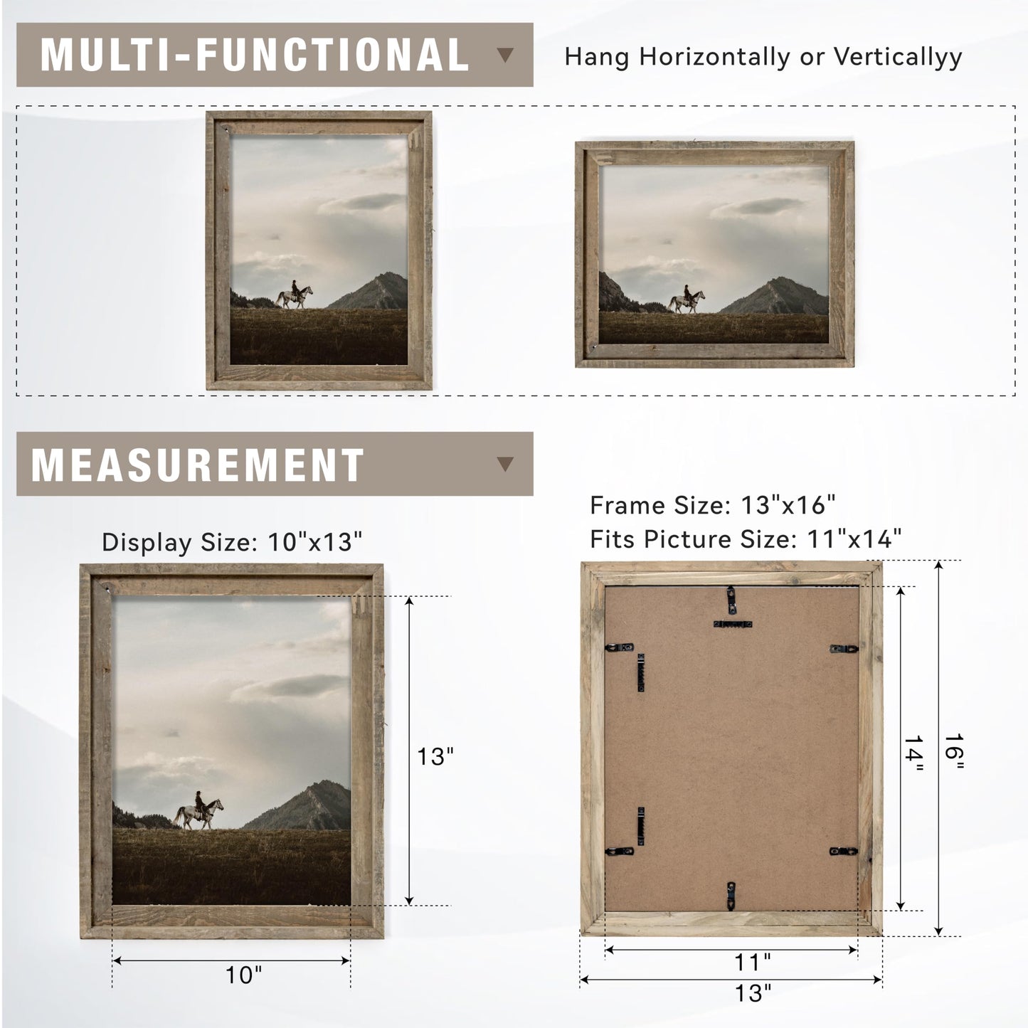 FLYJOE Rustic 11x14 Picture Frame, Reclaimed Barnwood Photo Frame with HD Tempered Glass, Distressed Family Art Gallery Corner, Horizontal and Vertical Wall Mounting Display with Hardware, Set of 1