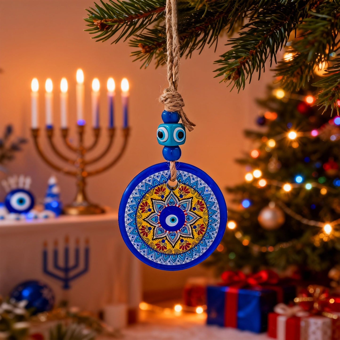 3.1" Glass Evil Eye Mandala Bead Large Turkish Nazar Amulet Home Protection Charm Wall Hanging Ornament for Christmas Tree