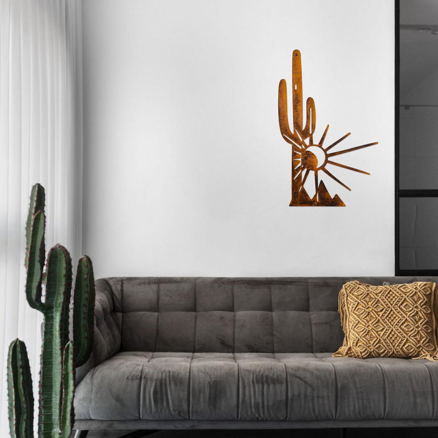 Metal Cactus Wall Decor And Yard Art, Desert Patio Garden Decor, Rustic Desert Saguaro Sunset Art, Southwest And Western Outdoor Decor For Home Living Room Outdoor
