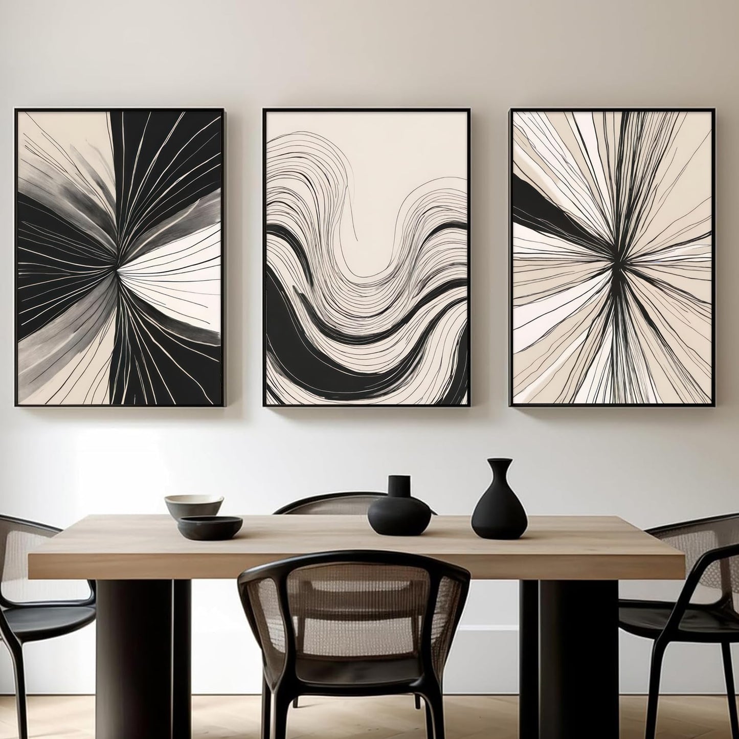 3Pcs Abstract Line Wall Art Modern Boho Neutral Line Wall Decor Mid-Century Paintings Geometric Minimalist Black and Beige Posters prints Artwork for Living Room Bedroom Office Home12x16in Unframed