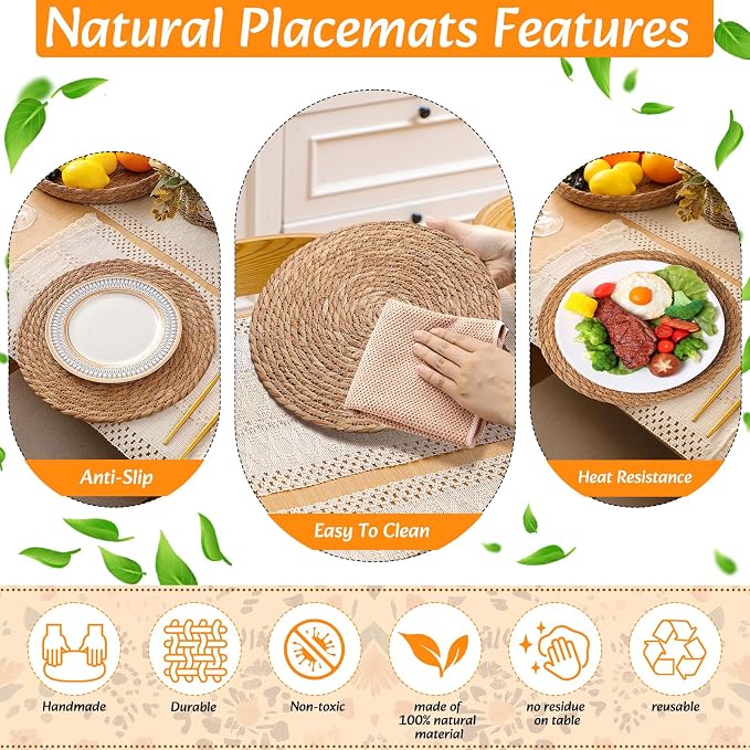 4 Sets Boho Decoration Placemats Round Woven Placemats, Cloth Napkins, Wood Bead Napkin Rings, Long Table Runner and Farmhouse Burlap Cotton for Table Kitchen (White,12x72)