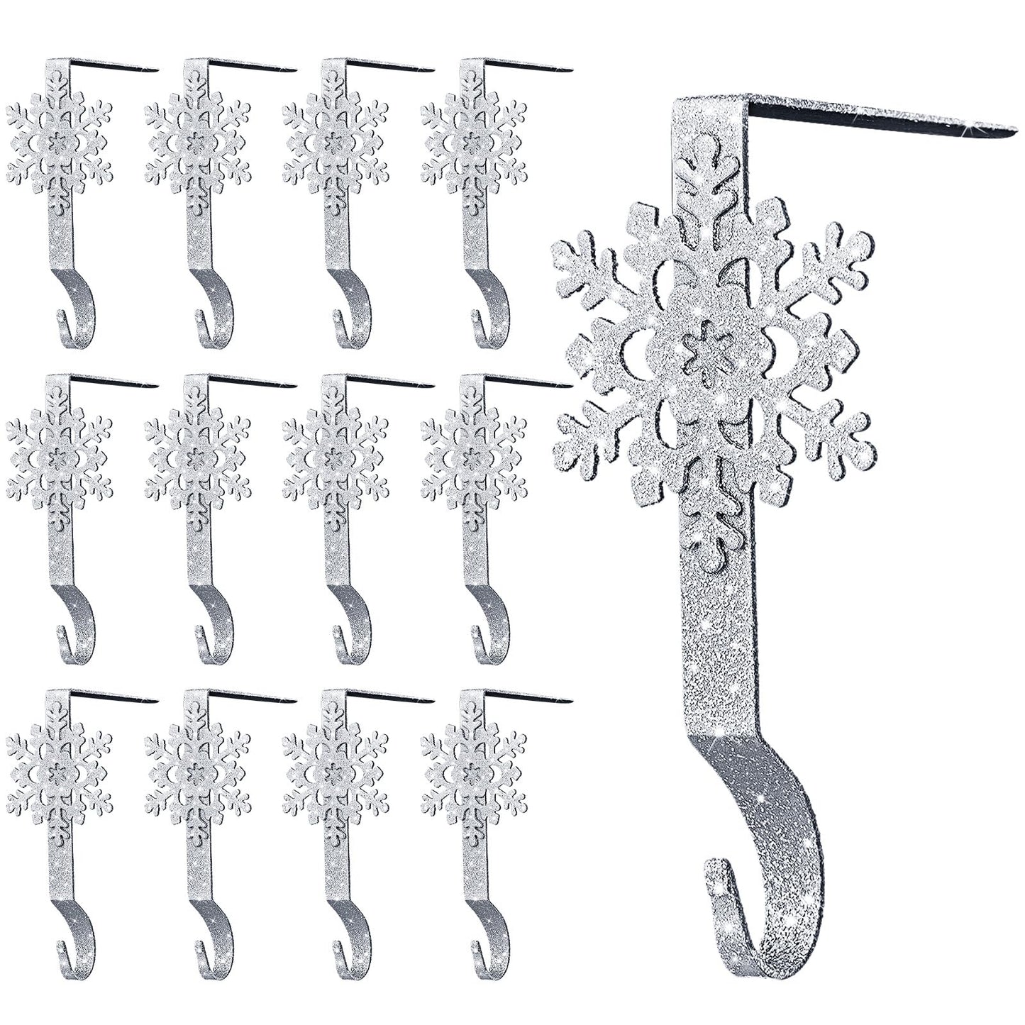 Gisafai Set of 12 Glitter Christmas Mantle Stocking Holders Snowflake Christmas Stocking Hangers Weighted Shiny Metal Fireplace Mantel Non-Slip Hooks for Xmas Party Decoration(Sliver)