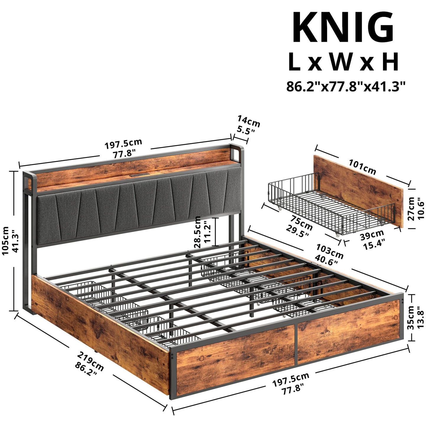 LIKIMIO King Bed Frame with 4 Storage Drawers, Platform Bed with Charged Headboard, Sturdy and Stable, No Noise, No Box Spring Needed, Easy to Install, Vintage Brown and Gray