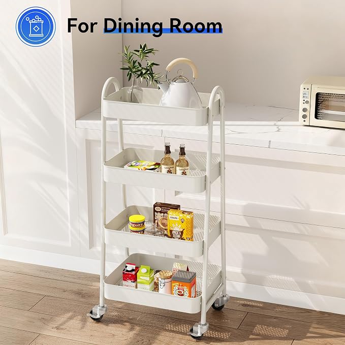 OLIXIS Metal 4 Tiers Utility Rolling Cart, Mobile Storage Shelf with Lockable Caster Wheels, Organization for Livingroom, Bathroom & Narrow Places, 4-Tier White