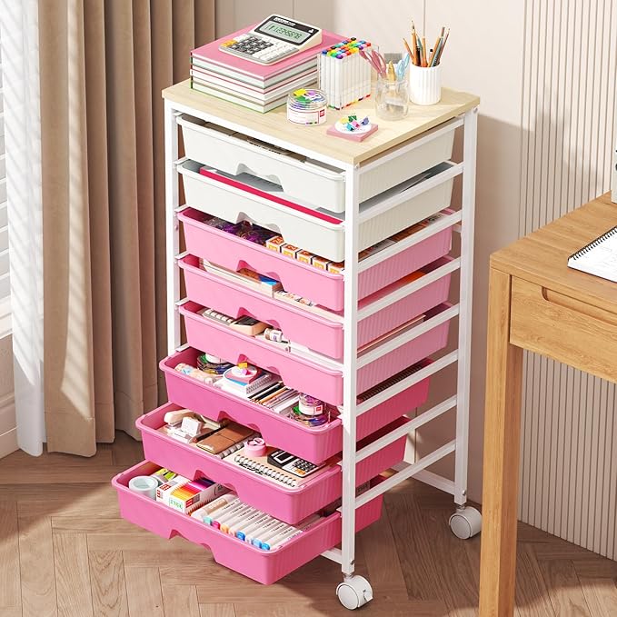 Goovilla Rolling Cart with Drawers, Utility Cart Organizer With 8 Removable Drawers and Wooden Tabletop, Lockable Rolling Storage Organizer for Art, Classroom, Home, Dorm, Office, Craft Storage, Pink