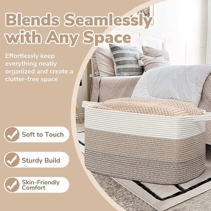Goodpick Large Woven Storage Basket, 21.6" x 14.9" x 11.8" Rectangle Rope Baskets for Toy Storage, Blanket Basket for Living Room, Bedroom, Light Brown