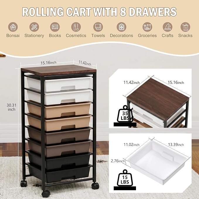 Rolling Cart with 8 Drawers, Storage Drawers Cart with Wooden Tabletop and Lockable Wheels, Craft Storage for Living Room, Office, Classroom, Craft Room, Bedroom (Brown)