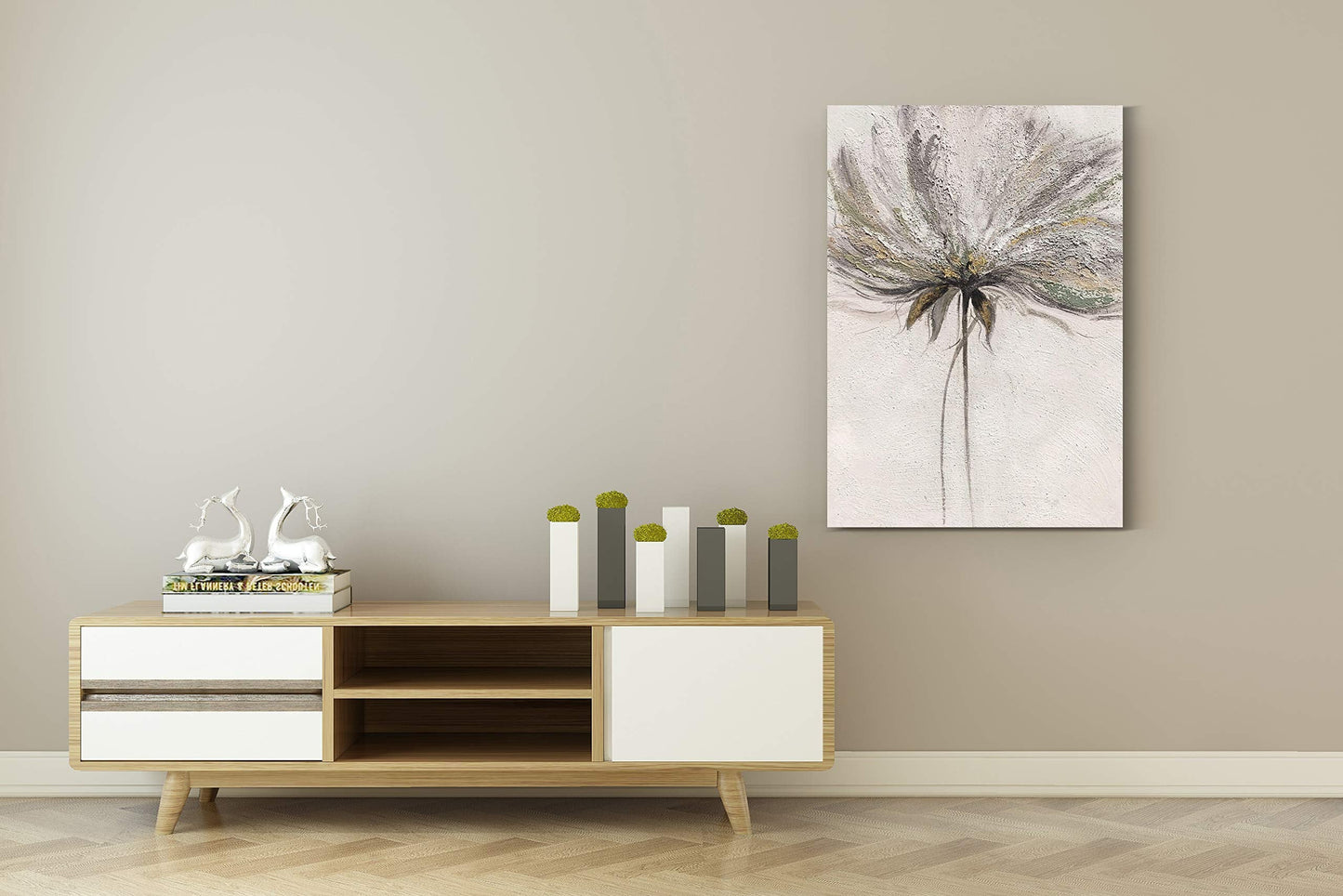 Yihui Arts Hand Painted Abstract Floral Wall Art Pictures Grey White Gold Foil Painting Sand Artwork For Bedroom Decoration