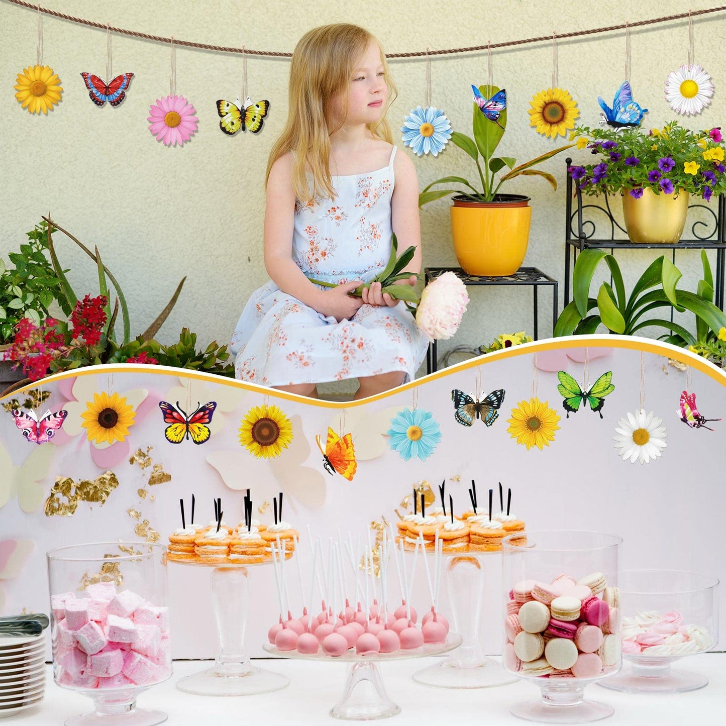 40 Pcs Spring Ornaments for Small Tree Wooden Flower Butterfly Ornament Sunflower Gerbera Daisy Wood Hanging Tree Decoration Spring Mother's Day Summer Birthday Party Decor Supplies(Flower, Butterfly)