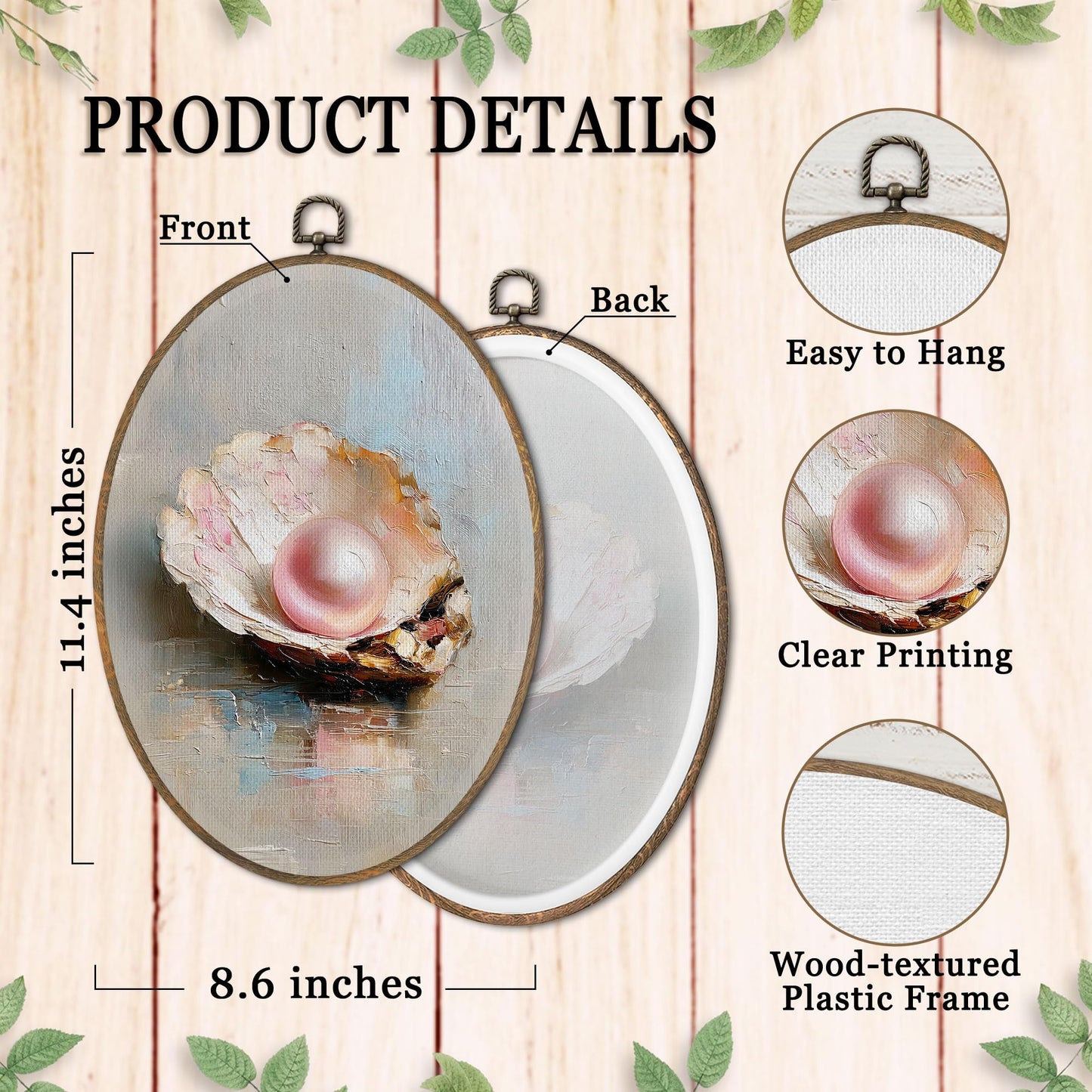SHQIEUDH Coastal Beach Seashell Oval Wall Art, Rustic Beach House Framed Canvas Prints Artwork, Neutral Ocean Pearl Seashell Oval Wall Hanging Decor for Home Bedroom Living Room, 8.6x11.4In