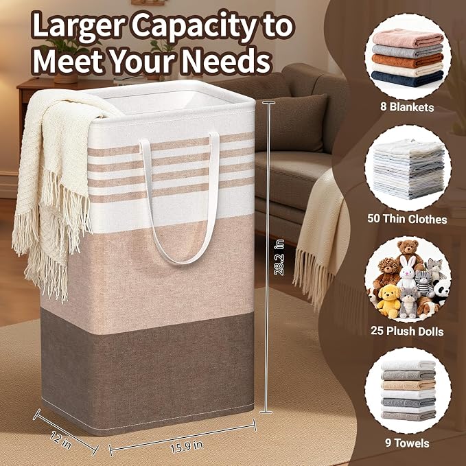 WOWBOX 2 Pack Laundry Baskets, Laundry Hampers, Freestanding Dirty Clothes Hampers with Reinforced Handles & Cross Stitch & Waterproof Coating, for Laundry Bedroom Bathroom Dorm,88L Khaki