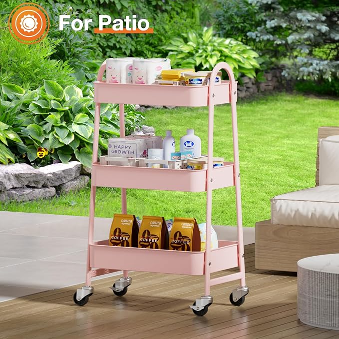 NEWBULIG 3-Tier Metal Rolling Storage Cart, Heavy Duty Mobile Utility Organizer Shelf with Lockable Wheels, Multifunctional Trolley for Daily Supplies, Home Indoor Daily Use, Pink